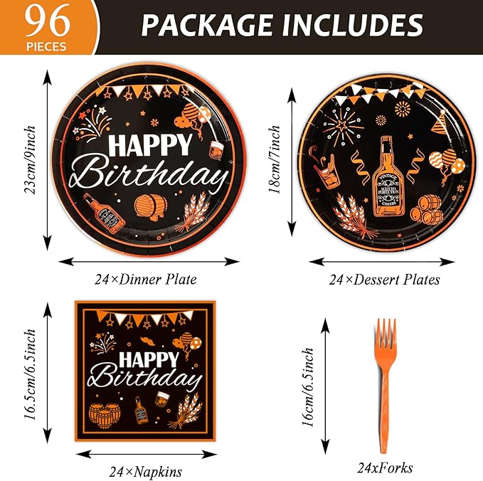 96 Pcs Black & Gold Cheer Theme Birthday Plates & Napkins - Party Supplies for 24 Guests
