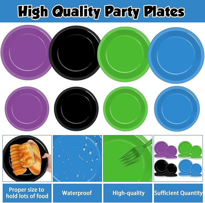 96Pcs Night Video Game Party Supplies Nite Gamer Paper Plates and Napkins Birthday Decorations Level Up Disposable Tableware Set for Kids Video Game Birthday Baby Shower Party Decorations Serves 24