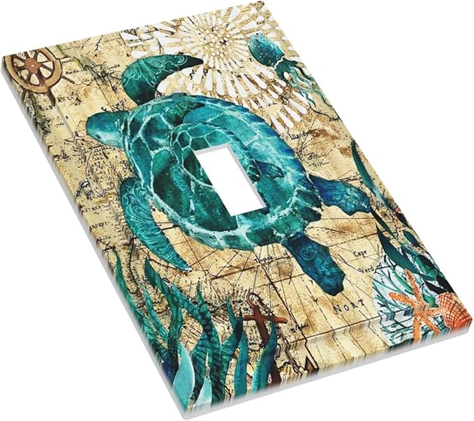 Decorative 1 Gang Single Toggle Light Switch Wall Plate Cover Nautical Ocean Beach Turquoise Teal Sea Turtle World Map Tortoise Mid Size Device Electrical Outlet Cover Receptacle Plug Face Plate