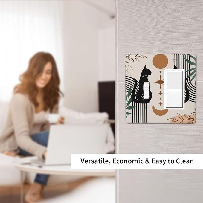 Black Boho Mid Century Cute Cat 2 Gang Combo Device 1-Toggle 1-Decorator/GFCI Receptacle Outlet Light Switch Cover 70s Neutral Moon Aesthetics Abstract Art Two Gang Combination Rocker Face Wall Plate