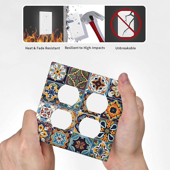 Mexican Talavera Tiles Floral Outlet Covers 2 Gang Double Duplex Decorative Light Switch Covers Electrical Wallplates Socket Faceplate for Bathroom Kitchen Decor