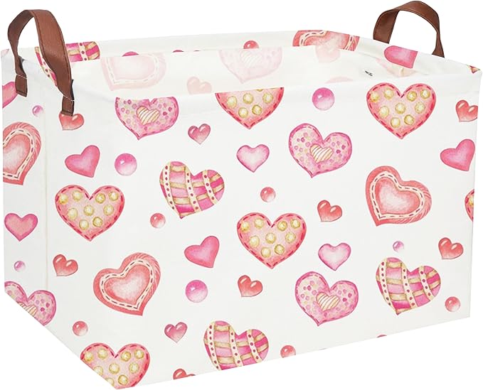 Essme Rectangular Pink Basket Gift Storage Box,Heart Storage Bins Organizer with Handles for Girls Room Decor, Valentine's Day Basket,Shelf Basket,Toy Organizer(Dreamy Heart)