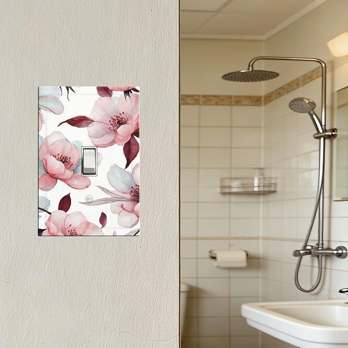 Watercolor Pink Cherry Blossom & Floral Burst 1-Gang Toggle Light Switch Plate, Romantic Floral Decorative Wall Plate for Bathroom Bedroom Vanity