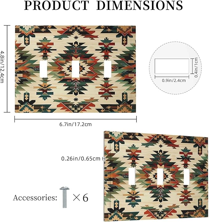Decorative Switch Plates Southwest Rustic American Indian Aztec Boho 3 Gang Wall Plate Triple Toggle Light Switch Cover Faceplate Electrical Wall Panels for Bed Room living Room Decor
