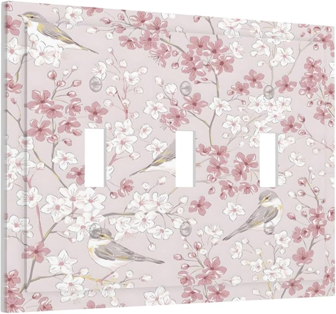 Pink Sakura Cherry Blossom Vintage Bird Floral Flower Decorative Switch Plates 3 Gang Wall Plate Triple Toggle Light Switch Cover Faceplate Electrical Wall Panels for Bedroom Living Room Decor