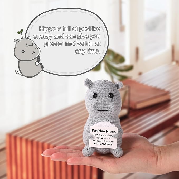 TOYMIS Positive Hippo, Emotional Knitted Positive Support Crochet Animal Doll with Positive Message Crocheted Hippo Potato Gift for Inspirational Gift Home Office Car Decor(Grey)