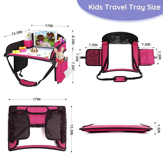 3Pcs ‎Kids Travel Tray, Kids Travel Trays for Car Seat, Road Trip Essentials for Toddler, Carseat Lap Tray with Dry Erase Board & Storage Organizer for Road Trip Activities for Kid, 2Black+1Pink