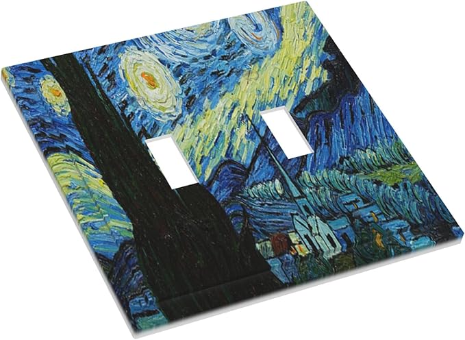 Van Gogh The Starry Night Double Toggle Switch Cover - 2-Gang Standard US Size Post-Impressionist Masterpiece Light Switch Covers, Swirling Night Sky for Living Room Decor