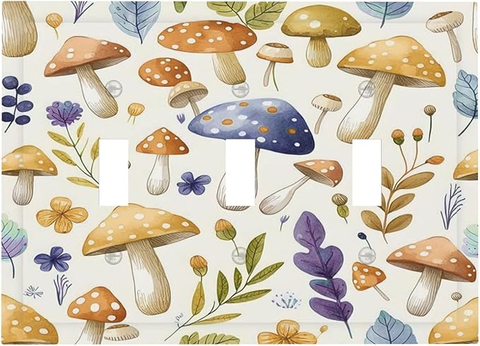 Boho Watercolor Mushroom Flowers Leaf Colorful Floral Decorative Switch Plates 3 Gang Wall Plate Triple Toggle Light Switch Cover Faceplate Electrical Wall Panels for Kids Room Nursery Decor