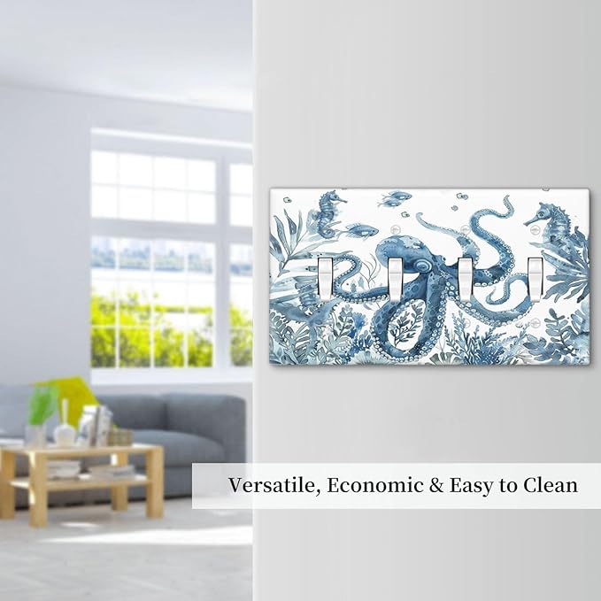 Blue Octopus Squid Seahorse Coral Watercolor Wild Sealife Light Switch Covers Quad Toggle Electrical Faceplate 4 Gang Wall Plate Decorative Switch Plates for Bathroom Kids Room Decor