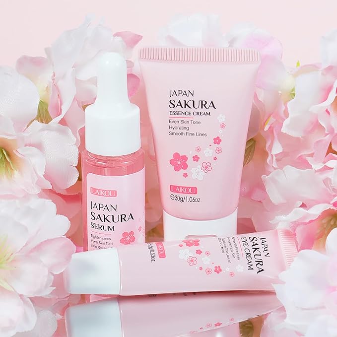 LAIKOU Skin Care Set JAPAN SAKURA Beauty Gift Sets Skin Care Kit with Serum, Eye Cream, Face Cream Travel Kit for Women Wife Mom Teen Girls TSA-friendly Sizes Christmas Gift 3pcs