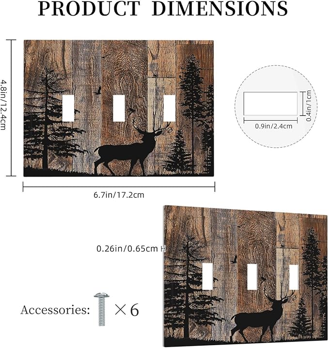 Decorative Switch Plates Rustic Forest Antler Elk Deer Silhouettes Animals Wood Grain 3 Gang Wall Plate Faceplate Triple Toggle Light Switch Cover Electrical Wall Panels for Farmhouse Home