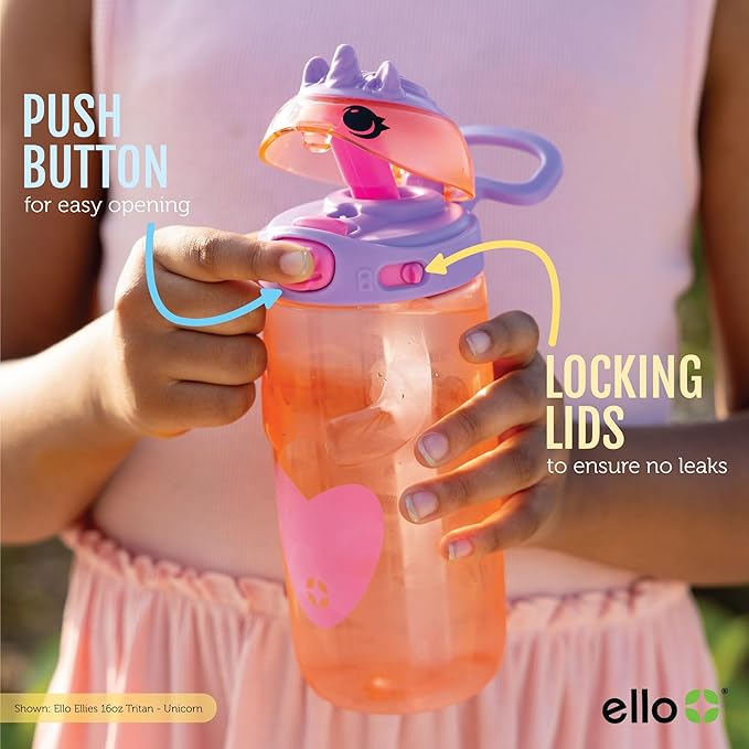 Ello Ellies 16oz Plastic Kids Water Bottle with Straw and Built-in Carrying Handle and Leak-Proof Locking Lid for School backpack, Lunchbox and Outdoor Sports, Unicorn