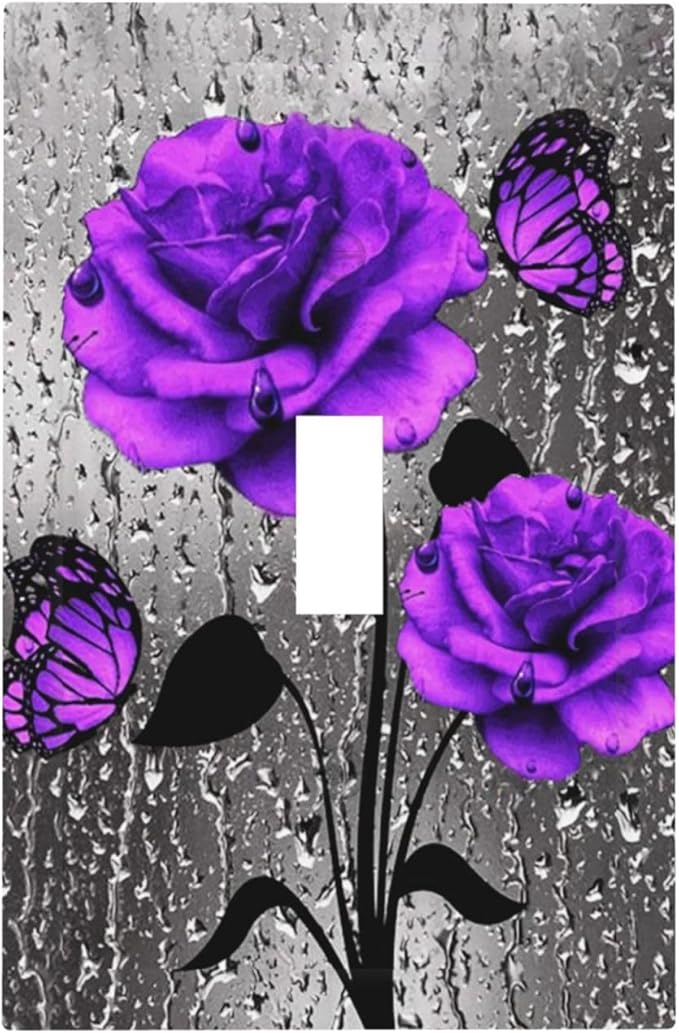 Purple Rose Butterfly Print Decorative Light Switch Cover 1-Gang Romantic Gray Blossom Flowers Floral Raindrops Art Single Toggle Wall Plate Electrical Device Outlet Switch Faceplate Cover Jumbo Size