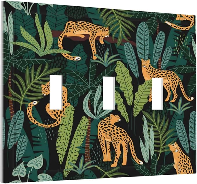 Jungle Cheetah Tropical Wildlife Leopard Green Palm Leaf Decorative Switch Plates 3 Gang Wall Plate Triple Toggle Light Switch Cover Faceplate Electrical Wall Panels for Farmhouse Home Decor