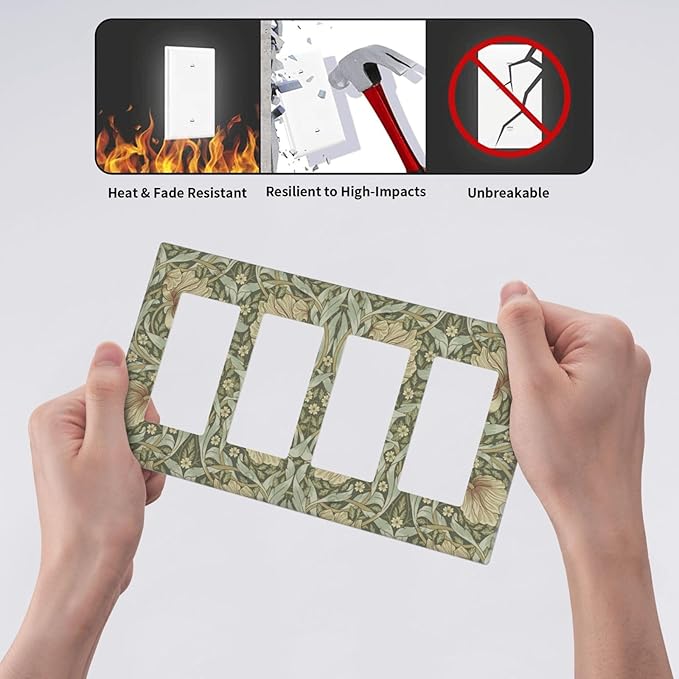 William Morris Pimpernel Flowers 4 Gang Light Switch Cover Vintage Floral Green Botanical Quad Rocker Switchplates Wall Plate Decorative Electrical Faceplate for Country Bedroom Kitchen Décor
