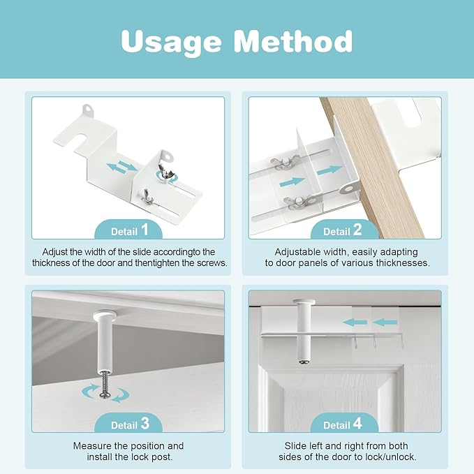 Child Safety Door Top Lock, Adjustable Metal Child Proof Door Top Locks for Interior&Exterior&French Doors, Lock & Unlock from Both Sides for Stop Kids Pets, Fit 0.6-2 inch Thick Doors (2Pack White)