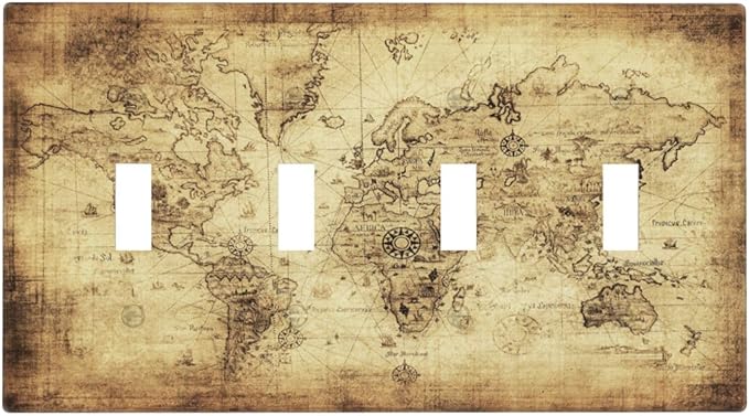 Old World Ocean Map 4 Gang Device Light Switch Cover Decorative Quad Toggle Wall Plate Decorative Electrical Faceplate for Home Bedroom Art Decorate