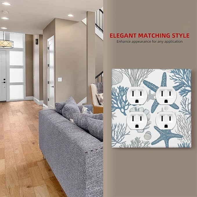 Blue Starfish Nautical Beach Conch Coastal Coral Shell Outlet Covers 2 Gang Double Duplex Decorative Light Switch Covers Electrical Wallplates Socket Faceplate For Kids Room Bathroom Decor