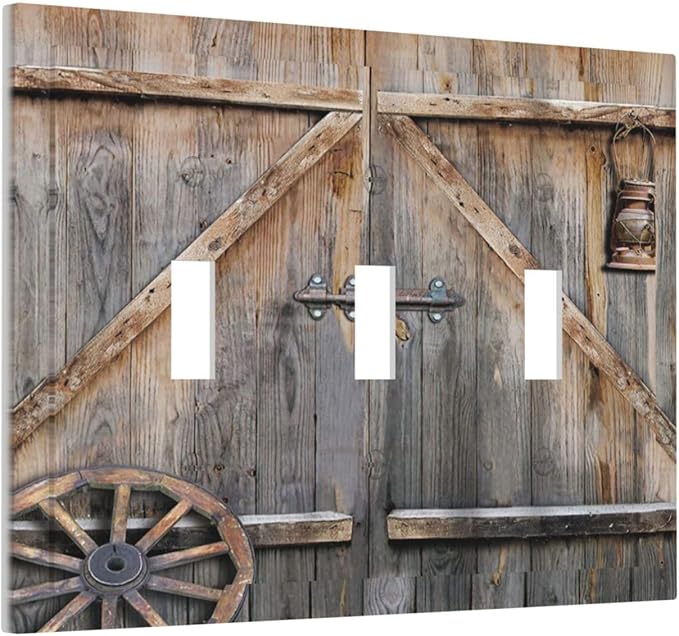 Wood Garage Barn Door Cabin 3 Gang Light Switch Cover Decorative Triple Toggle Wall Plate Electrical Faceplate Switch Plug Face Plate