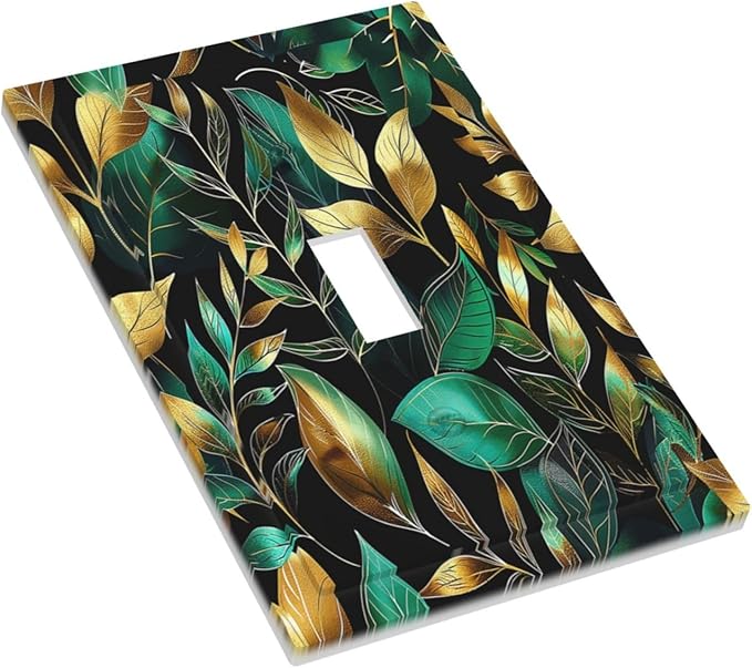 Decorative Light Switch Cover Vintage Dark Green Vine Leaf Golden Plants 1 Gang Single Toggle Device Electrical Faceplate Switchplates Decorator Outlet Wall Plate for Bed Room Cabin