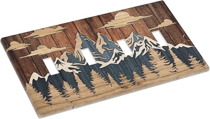 Blue Mountain Range Forest Nature Wilderness Wood Texture Light Switch Covers Quad Toggle Electrical Faceplate 4 Gang Wall Plate Decorative Switch Plates Cover for Farmhouse Home Decor
