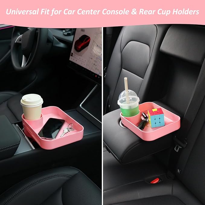 Car Seat Snack Tray for Kids, Mess-Free Square Travel Tray Cup Holder Snack Tray, Durable Car Food Tray for Toddlers, Universal Fit Kids Travel Road Trip Essentials (Pink)