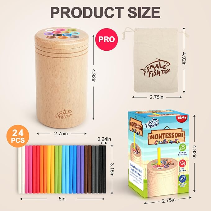 SMALL FISH Montessori Toys for 1 2 3 Year Old：Solid Wood Fine Motor Object Permanence Box for One Two Year Old Baby, Fidget Sensory Toys for Toddlers 1-3, Color Sorting Cause and Effect 12 Month Toys