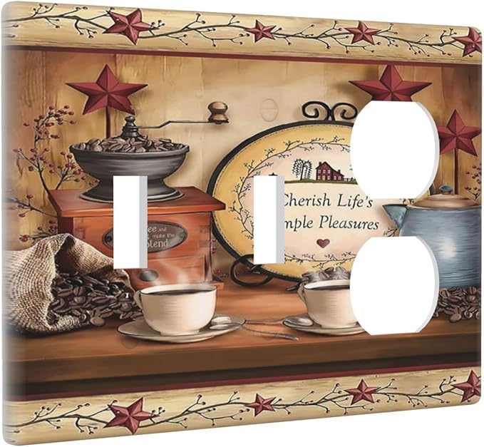 Barn Kitchen Cafe Coffee Texas Star 3-Gang 2-Toggle 1-Duplex Receptacle Combination Light Switch Decorative Triple Combo Device Switches/Rocker Outlet Covers and Wall Plate