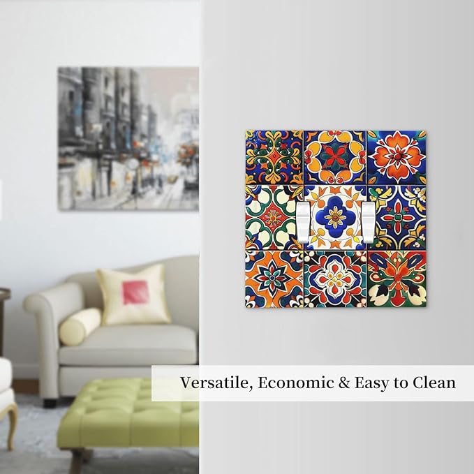 Decorative Switch Plates Colorful Mexican Talavera Vintage Boho Floral 2 Gang Double Toggle Outlet Light Switch Cover Wall Plate Electrical Faceplate For Farmhouse Cabin Decor