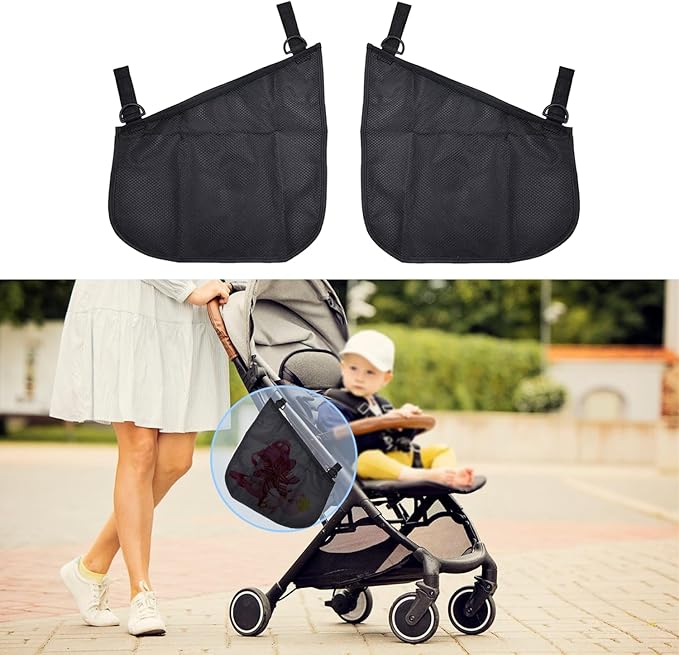 2 Pack Side Sling Cargo Stroller Net, Universal Stroller Organizer Bag, Non-Slip and Adjustable Straps Storage Mesh Cargo Net for Stroller Storage (Black)