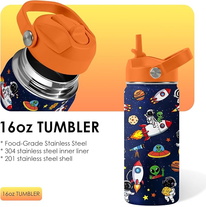 Space Astronomy Gifts for Kids - 16 Oz Kids Water Bottle with Straw Lid, Stainless Steel Insulated Tumbler, Leak Proof, BPA-Free, for Boys, School, Travel - Universe Children Birthday Gifts Cups(1pc)