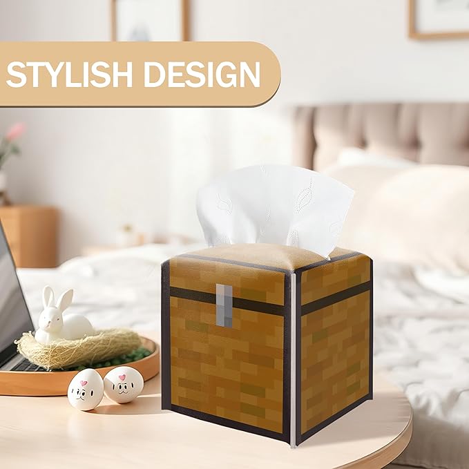 Tissue Box Cover Holder, Treasure Chest Pixel Leather Tissue Box Cover Square, Paper Napkins Everyday Dispenser for Bathroom Night Stands Kitchen Office Home Pixel Theme Decor