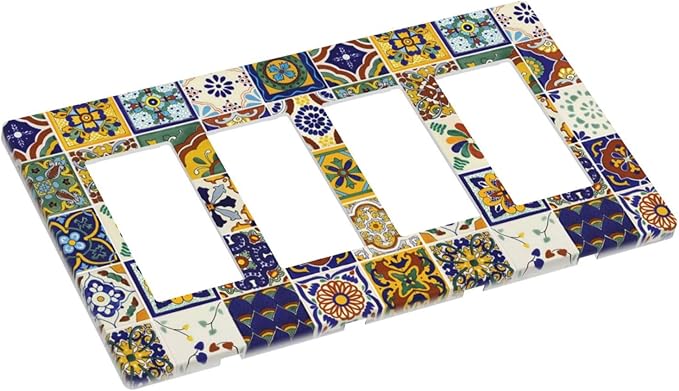 Yellow Mexican Moroccan Sun Tile 4 Gang Quad Rocker Light Switch Cover Decorative Quadruple Device GFCI/Decorator Wall Plate Electric Faceplate Screwless