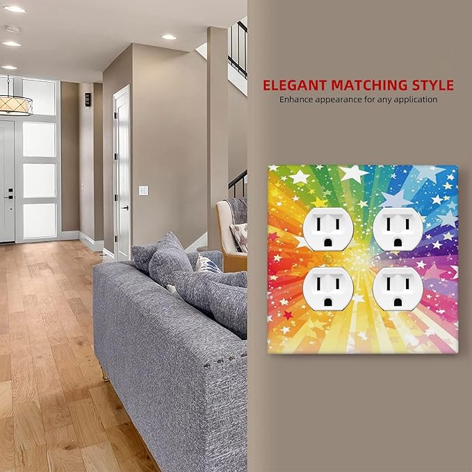 Personalized Light Switch Cover Plate Rainbowcolored Rays With White Stars 2 Gang Decorative Switch Plate Double Duplex Wall Plates Switch Plates and Outlet Covers for Nursery Home Decor