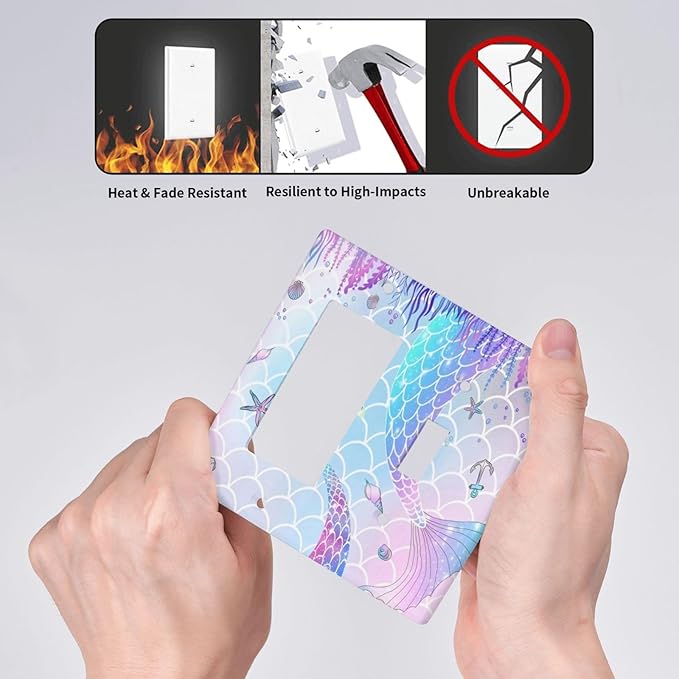 Purple Pink Mermaid Tail Scales Starfish Decorative Single Toggle/Rocker Combo Light Switch Cover 2-Gang Cute Kids Girl Electrical Wall Plate Double Combination Switch Decorator GFCI Receptacle Cover