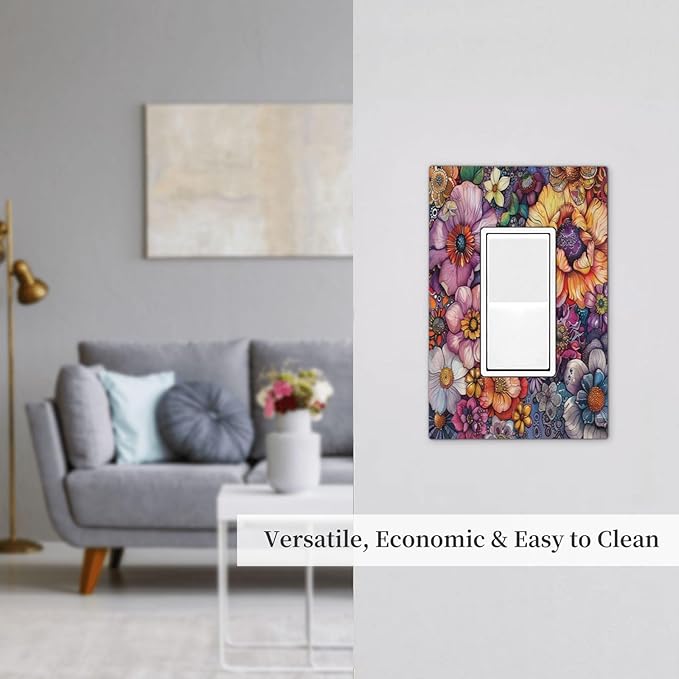Decorative Outlet Covers Colorful Bohemian Flowers Vintage Boho Floral 1 Gang Single Rocker Light Switch Cover Plate Wall Plates GFCI Faceplate for Bed Room living Room Decor