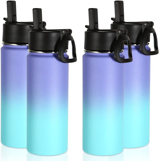 Volhoply 18oz Insulated Water Bottle Bulk 4 Pack,Kids Stainless Steel Water Bottles with Straw Lid,Wide Mouth Reusable Metal Cups,Double Wall Vacuum Sports Flask For Cold Drink(Purple Blue,4 Set)