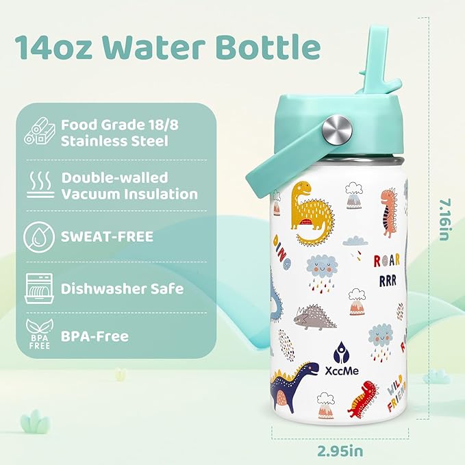 Dinosaur Kids Water Bottle With Straw Lid,14 oz Stainless Steel Travel Bottle,Double Wall Leak Proof Kids Cup,Insulated Tumbler for Toddlers,Metal Cup for School Boys Girls