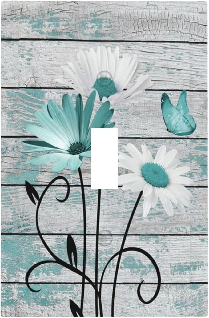 Teal White Daisy Flower Butterfly On Rustic Wood Board Decorative Light Switch Cover 1 Gang Single Toggle Device Electrical Faceplate Switchplates Decorator Outlet Wall Plate for Farmhouse Bedroom
