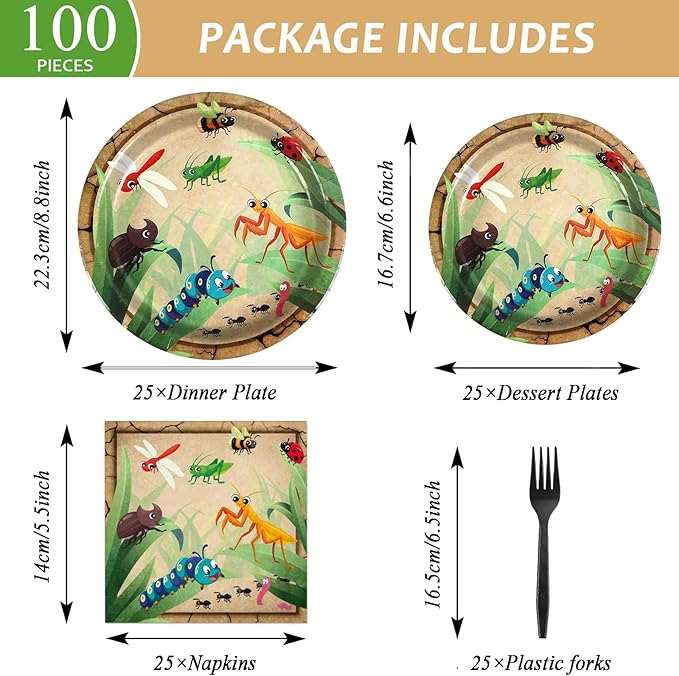 Qyeahkj 100 Pcs Bug Party Plates Napkins Supplies, Spring Summer Ladybugs Bee Reptile Birthday Party Tableware Set Insect Birthday Party Decorations Favors for Boys Girls Serve 25