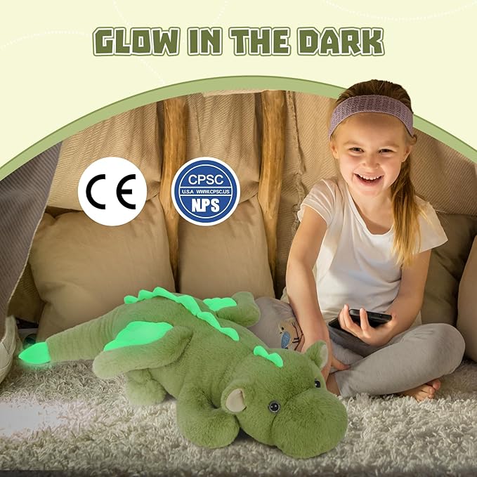 Tezituor Dragon Stuffed Animal Glow in The Dark, 31.5" Large Soft Dragon Plush Pillow Christmas Birthday Toy Gifts for Kids&Adults