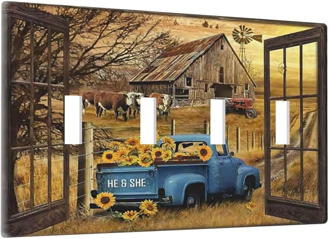 Fall Western Farmhouse Cow Quad Toggle Light Switch Cover Decorative Sunflower Barn door Blue Truck 4 Gang Wall Plate Electrical Faceplate Switchplate for Bathroom Home Living Room Decor