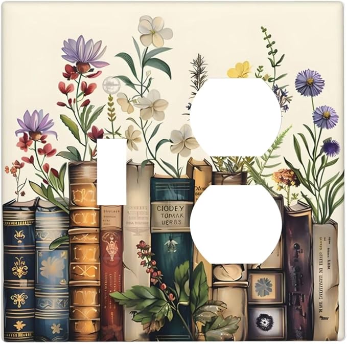 Plant Floral Books Colorful Flower Wallplates 1 Toggle 1 Duplex Switch Plate Electrical GFCI Faceplate Decorative Light Switch Covers for Kids Room Bedroom Decor