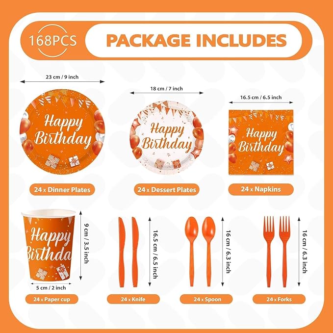 168Pcs Orange Happy Birthday Decorations Orange and White Plates and Napkins Cups Forks Disposable Bday Tableware Sets for Women Girls Kids Boys Men Birthday Baby Shower Party Supplies Serves 24