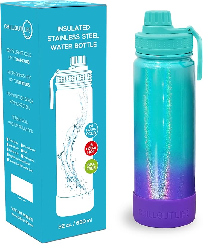 CHILLOUT LIFE 22 oz Kids Insulated Water Bottle for School with Leakproof Spout Lid and Cute Waterproof Stickers, Personalized Stainless Steel Thermos Flask Metal Water Bottle, Mermaid Sparkle