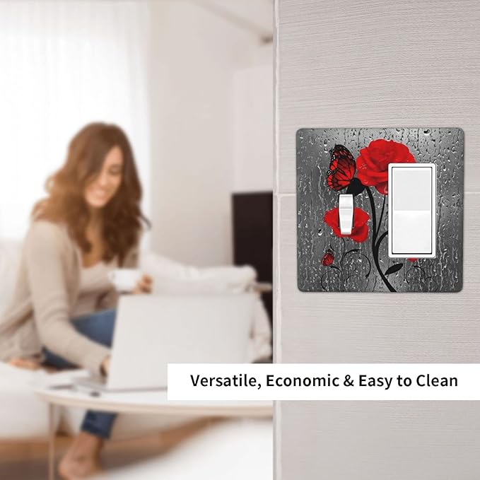 Butterfly Red Rose Flower 2 Gang Single Toggle/Rocker Combination Light Switch Cover Decorative Wall Plate Faceplate Girls Bathroom Bedroom Decorate 4.5" x 4.5