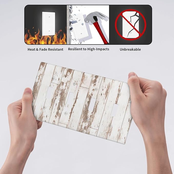 White Grey Wood 4 Gang Light Switch Cover Decorative Quad Toggle Wall Plate Decorative Electrical Faceplate for Kitchen Home Barn Farmhouse Decorate Large 8" x 4.5