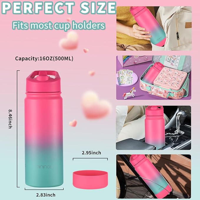 Mininoo Girls Water Bottle for School, 16oz Stainless Steel Insulated Metal Water Bottle with Straw Lid for Boys (Punch/Green)