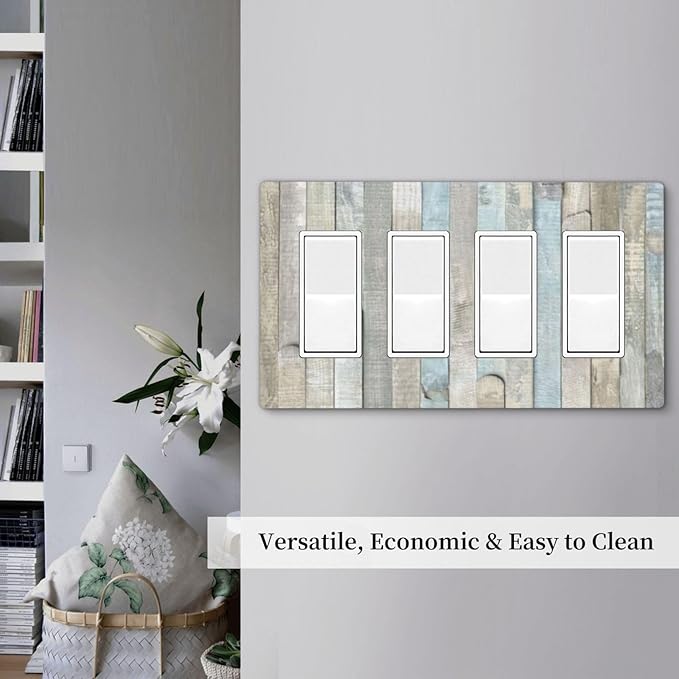Country Rustic Blue White Wood 4 Gang Quad Rocker/GFCI/Decorator Light Switch Cover Plate Decorative Electric Faceplate Decorative Switchplate Screwless